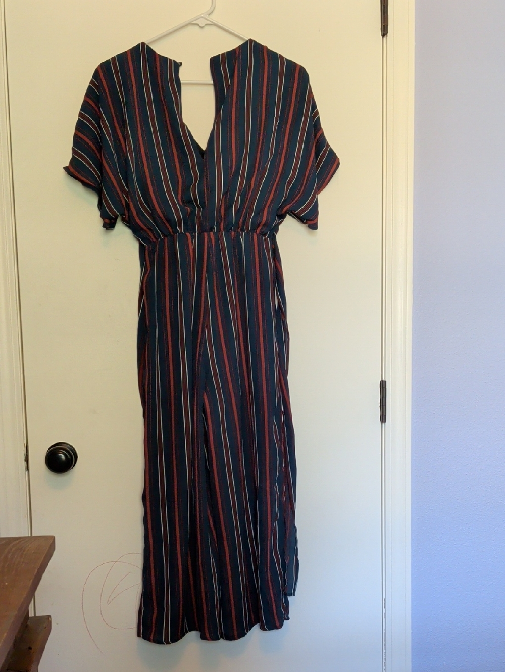 Striped Navy and Red V-Neck Jumpsuit